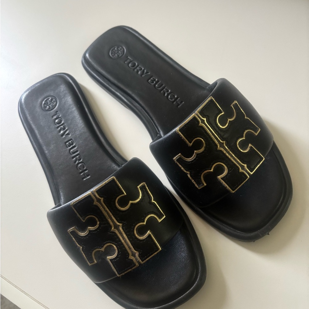 Tory Burch Double T Slide Sandals Black with Gold Detailing